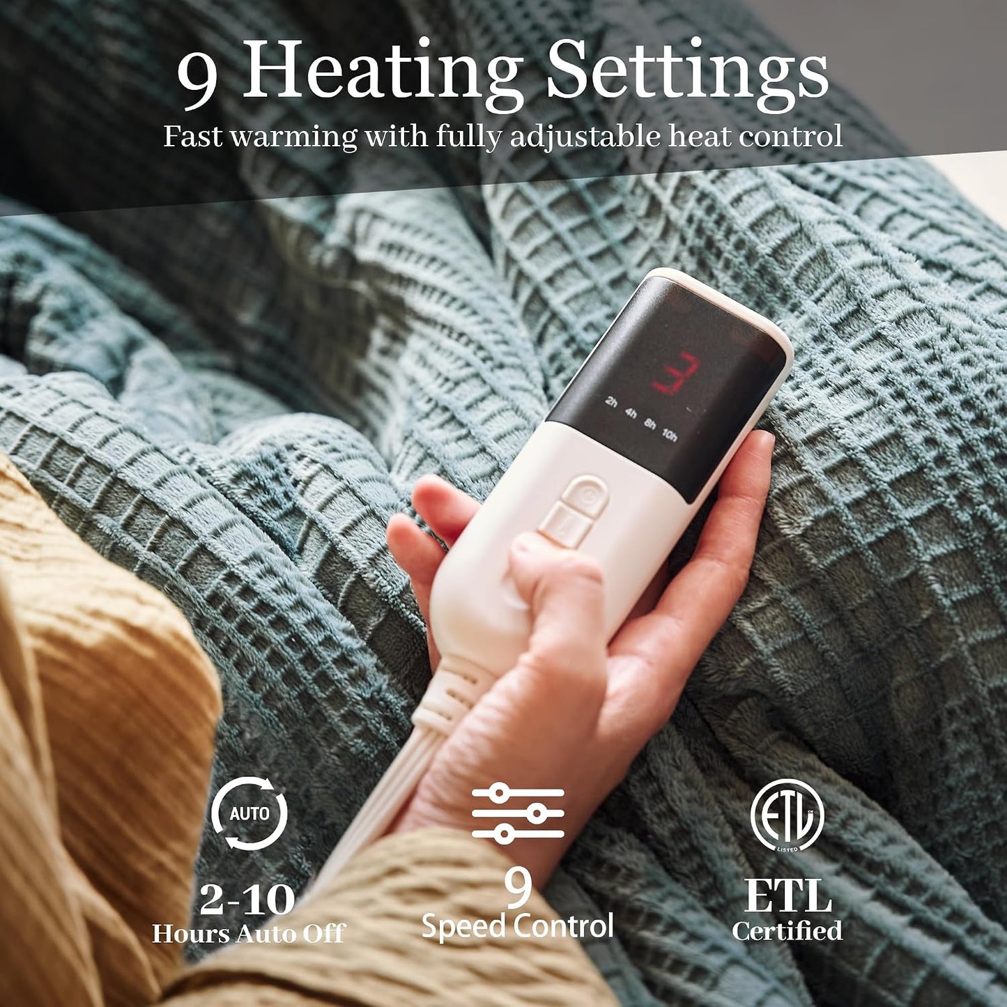 Texciting Heated Blanket Electric Blanket Throw 50''X60''-Heating Throw with 9 Heat Settings-2-10 Hours Auto Off,ETL Certified,Machine Washable (Green)