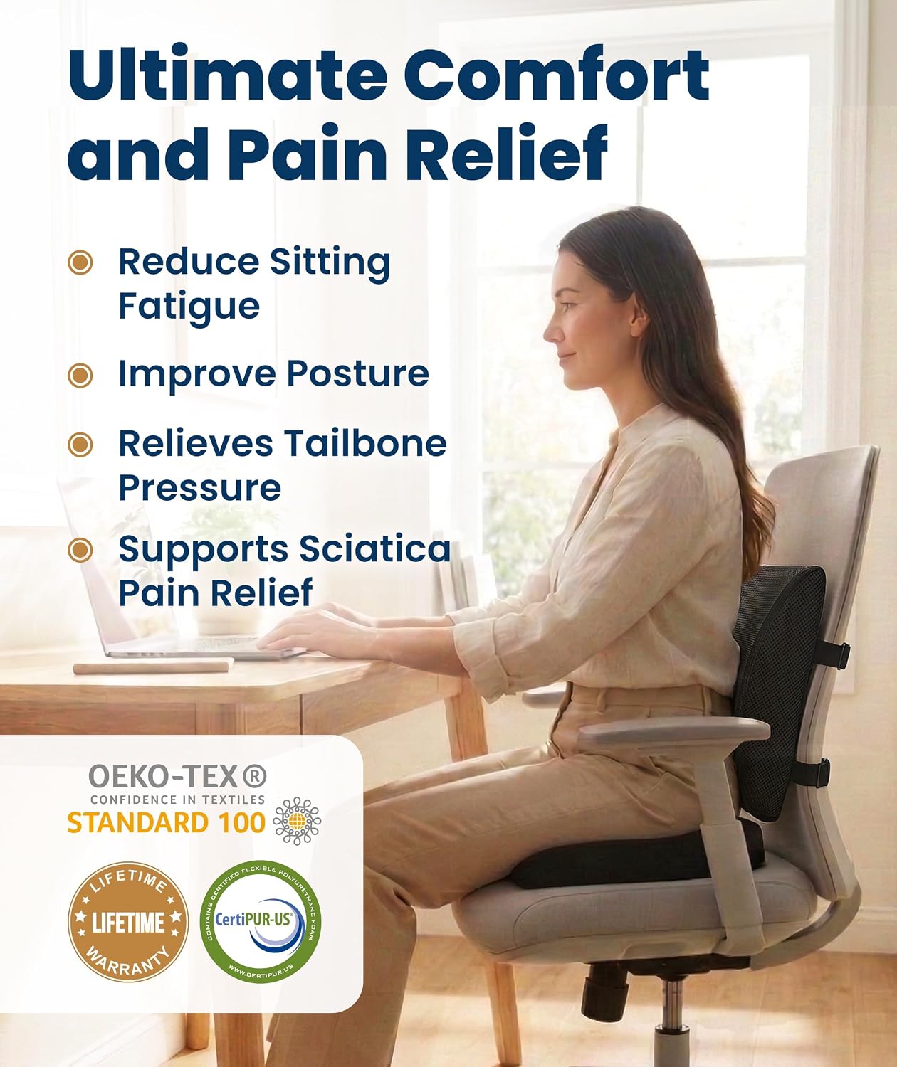 Everlasting Comfort Doctor Recommended Memory Foam Seat Cushion for Office Chairs & Car - Ergonomic Office Desk Accessories - Cushions for Tailbone Pain Relief, Sciatica (Black, Large)