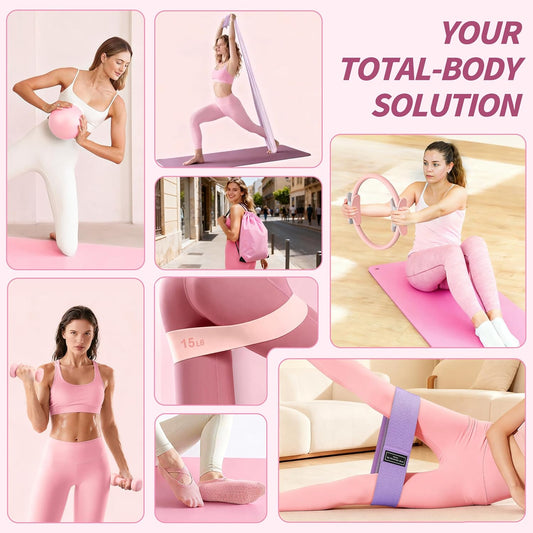 NANATI Pilates Kit, Home Pilates Workout Kit for Women, Pilates Equipment with 14.5" Pilates Ring and Ball, Resistance Bands, Dumbbells & Grip Socks for Home Workouts