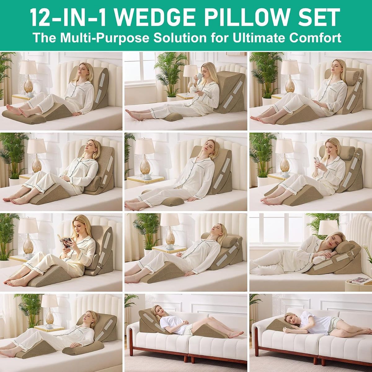 4PCS Wedge Pillow Set for After Surgery, White/Grey