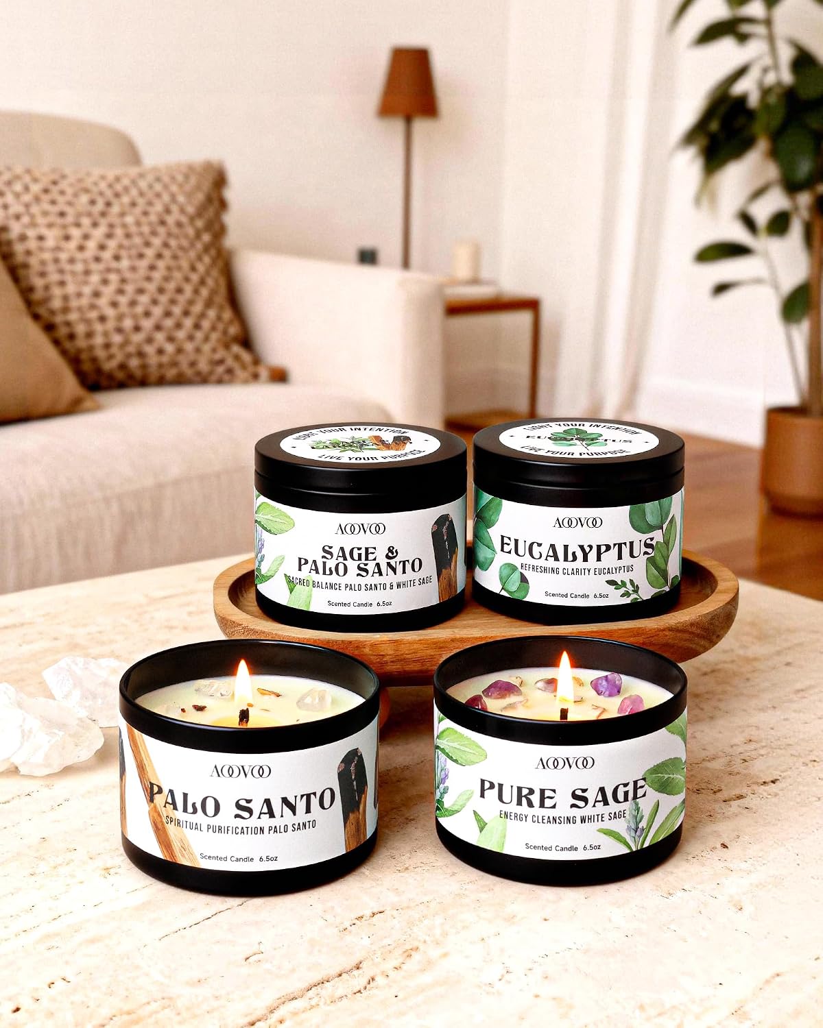 AOOVOO Sage Candle for Cleansing - 3 Wick 12oz Large Scented Candle with Crystals & Sage Leaves Inside, Soy Candles Non Toxic for Meditation Spiritual Gift, Aromatherapy Candle for Women Men
