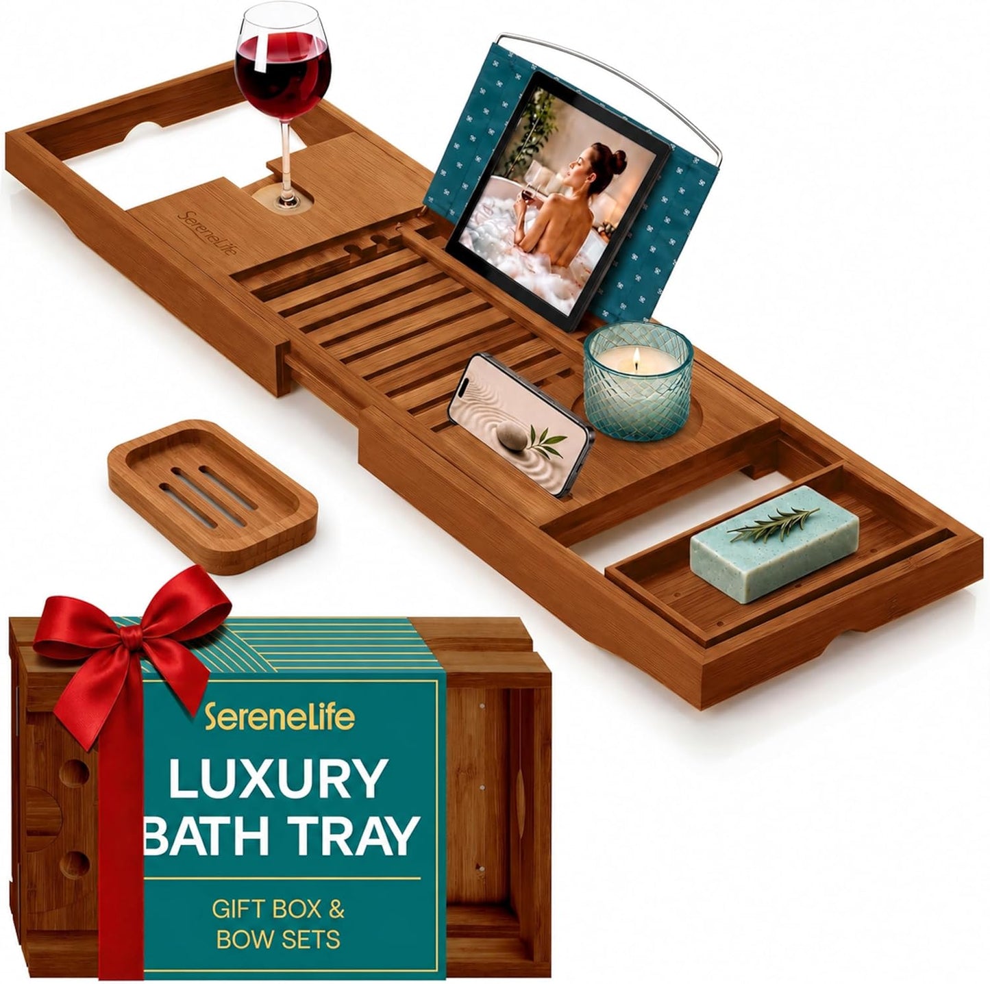 SereneLife 2 in 1 Bed and Bath Tray - Foldable Bamboo Bathtub Caddy with Adjustable Length, Non-Slip, Device Holder, Wine Glass Slot, Expandable for Comfortable Bathing, Natural, Folding Set