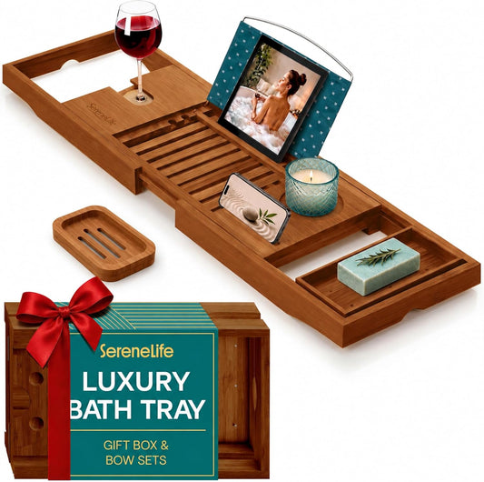 SereneLife 2 in 1 Bed and Bath Tray - Foldable Bamboo Bathtub Caddy with Adjustable Length, Non-Slip, Device Holder, Wine Glass Slot, Expandable for Comfortable Bathing, Natural, Folding Set