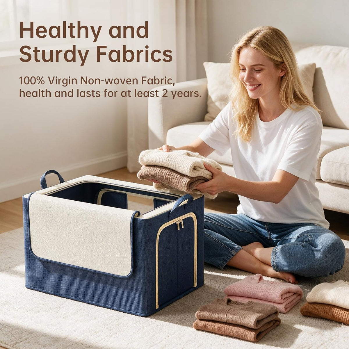 Clothes Storage Bins with Metal Frame Foldable Storage Box Clothes Organizers Storage Containers for Clothes Sheets Blankets Books Toys Gifts and Holiday Decorations (66Lx3 Pack)