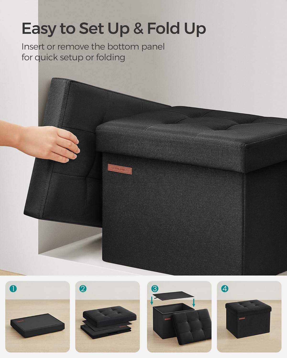 SONGMICS Mazie Collection - Small Folding Storage Ottoman, Foot Rest Stool, 12.2 x 16.1 x 12.2 Inches, 286 lb Load Capacity, for Living Room, Bedroom, Home Office, Dorm, Dark Gray ULSF102G01