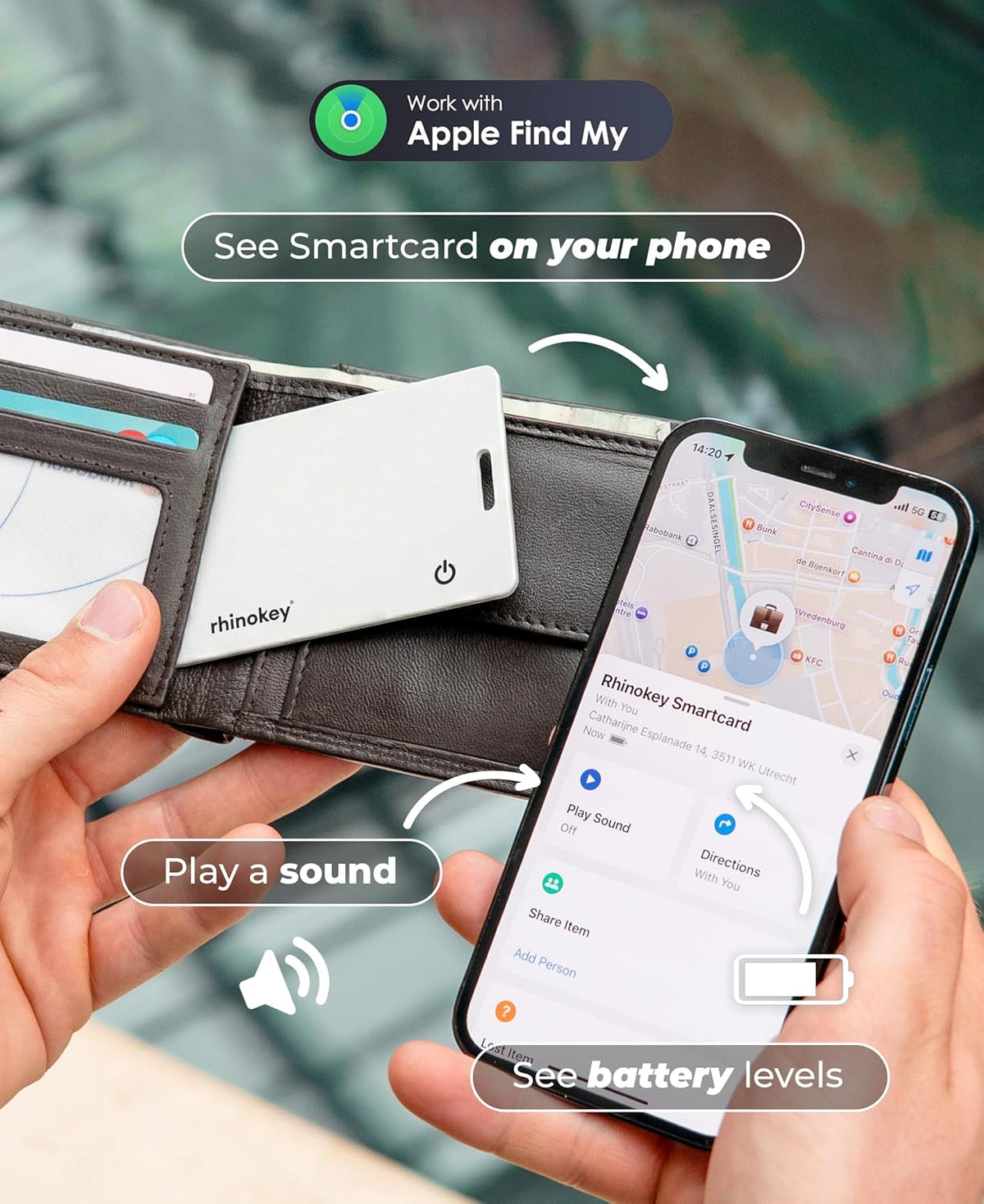 Rhinokey® Apple Find My Wallet Tracker Card, MFi Certified Bluetooth Tracker for iPhone, 0.07in Slim Credit Card Item Finder, IP68 Waterproof Rechargeable, Locator for Wallet, Luggage, Passport
