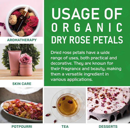 Jiva Organics Dried Red Rose Petals 4 Oz Bag - Non-GMO, USDA Organic, Food Grade, Edible Flowers - Use in Tea, Baking, Making Rose Water, Crafting, Wedding Confetti