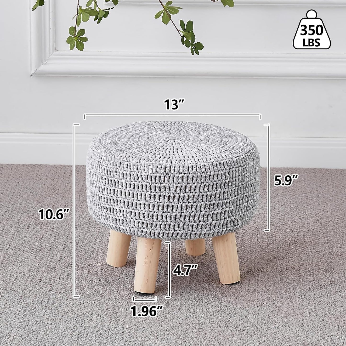 Wimarsbon Pouf Ottoman, 100% Cotton Knitted Boho Footstool, Round Footrest with Non-Skid Wood Legs, Home Décor Handmade Pouffe, Leisure Floor Step Stool for Living Room (Beige)