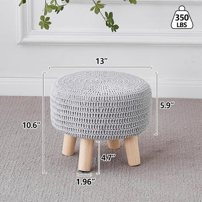 Wimarsbon Pouf Ottoman, 100% Cotton Knitted Boho Footstool, Round Footrest with Non-Skid Wood Legs, Home Décor Handmade Pouffe, Leisure Floor Step Stool for Living Room (Beige)