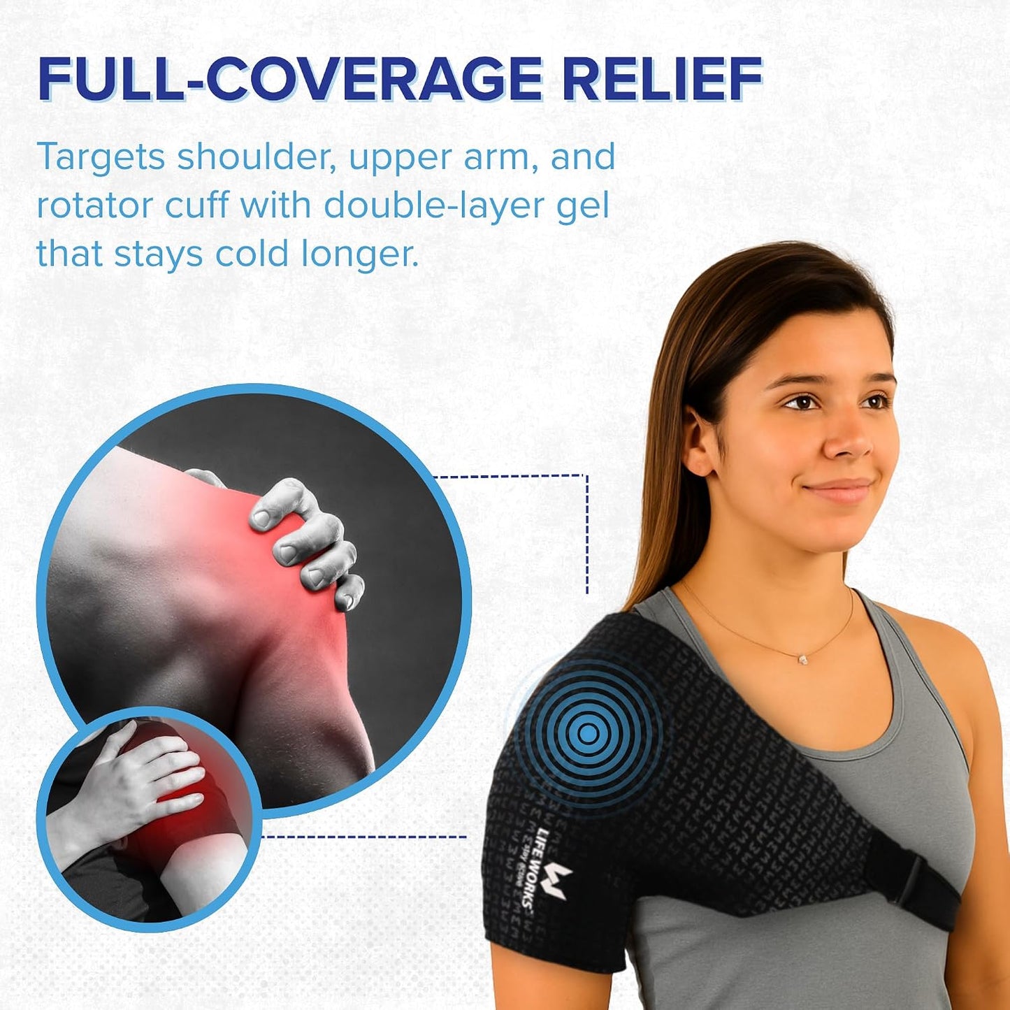 LIFE WORKS Shoulder Ice Gel Pack with Adjustable Strap, Reusable Cold Therapy Wrap for Shoulder Support, Rotator Cuff Relief, Swelling, and Injury Recovery, Fits Left or Right Side, One Size Fits Most