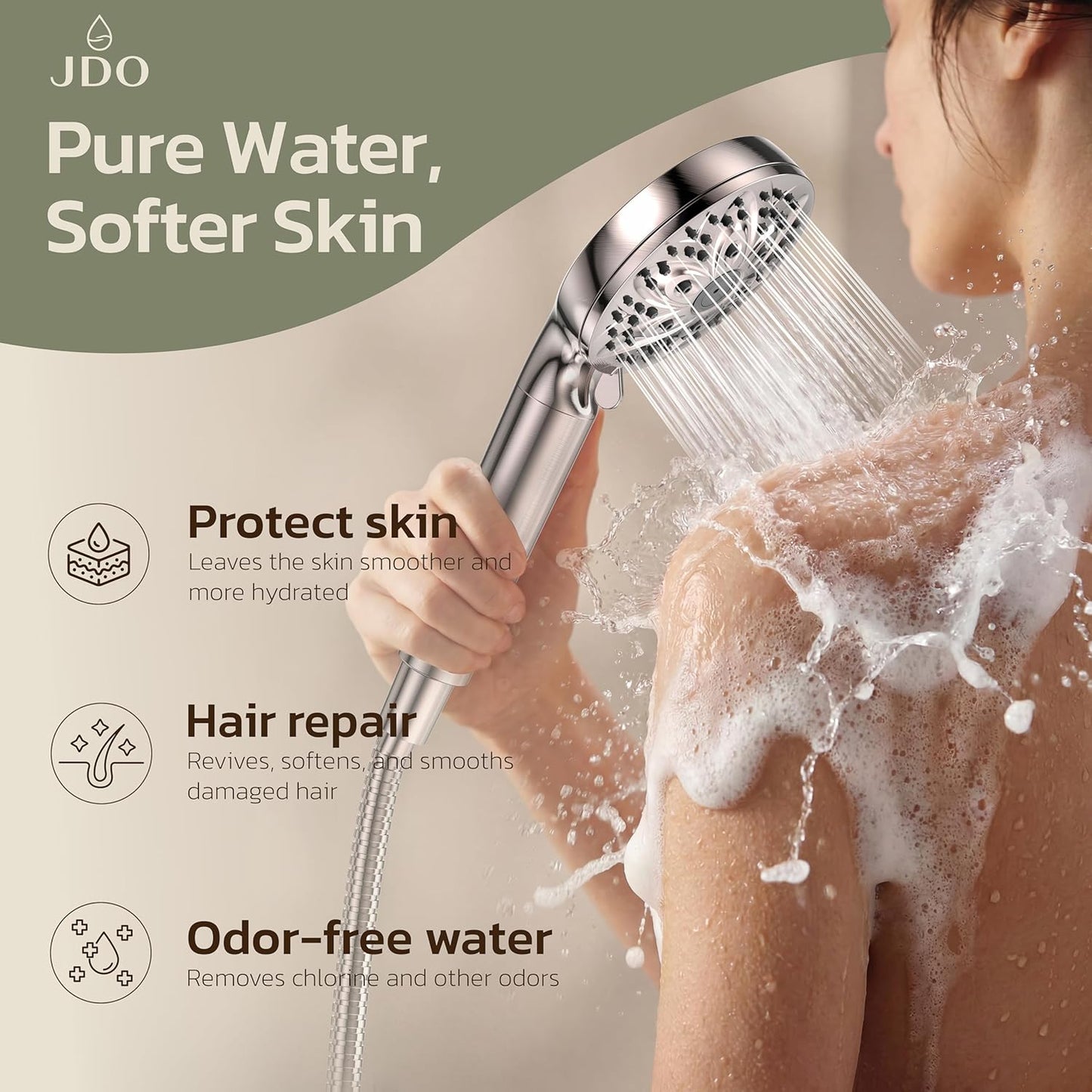 6-Setting Shower Head with Handheld, JDO High Pressure Hand held Shower Head, 4.7 Inch Chrome Detachable Showerhead Set with 59 Inch Stainless Steel Hose and Adjustable Showerhead Holder