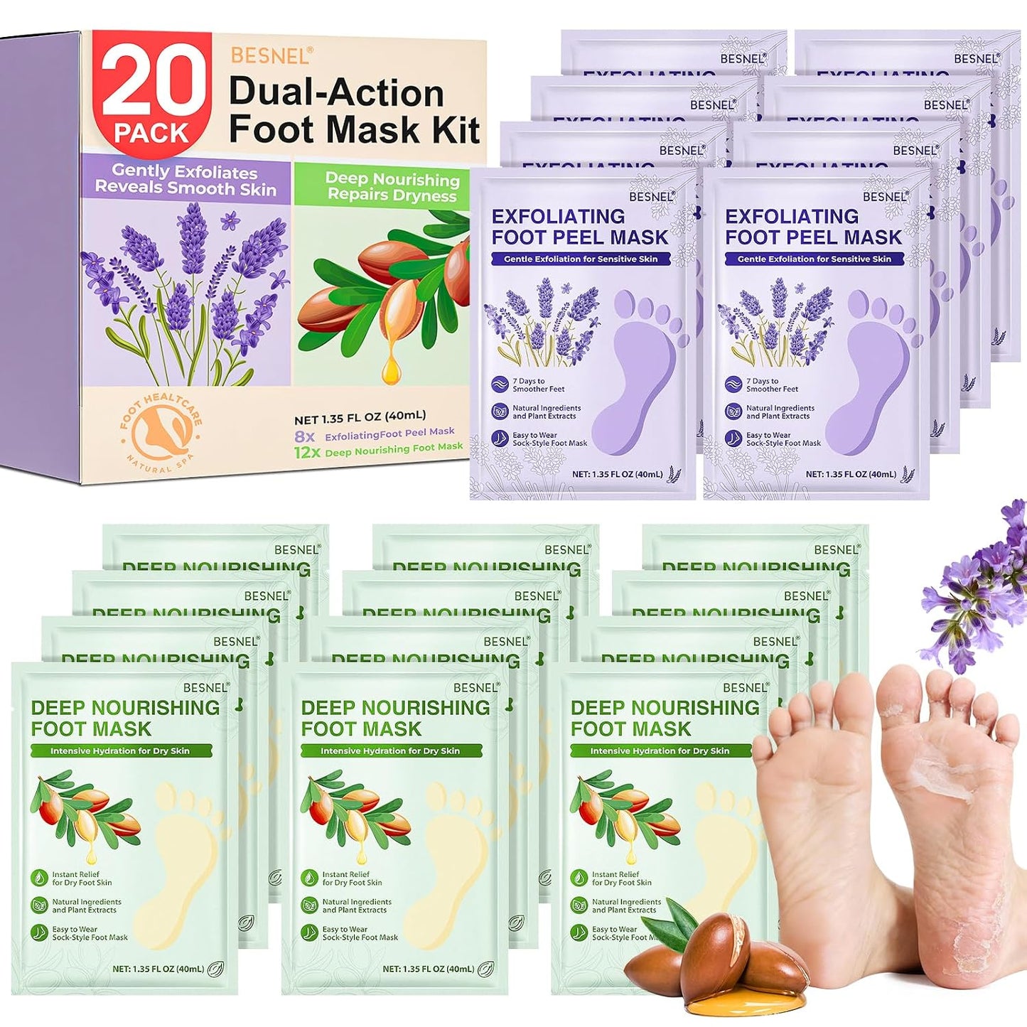 BESNEL 8Pack Moisturizing＆Foot Peeling Foot Mask, Teacher Appreciation Gifts, Hydrating Foot Masks Dry Cracked Feet, Soothing Moisturizer Socks Repair Rough Heels＆Baby Soft Feet(8Pack)