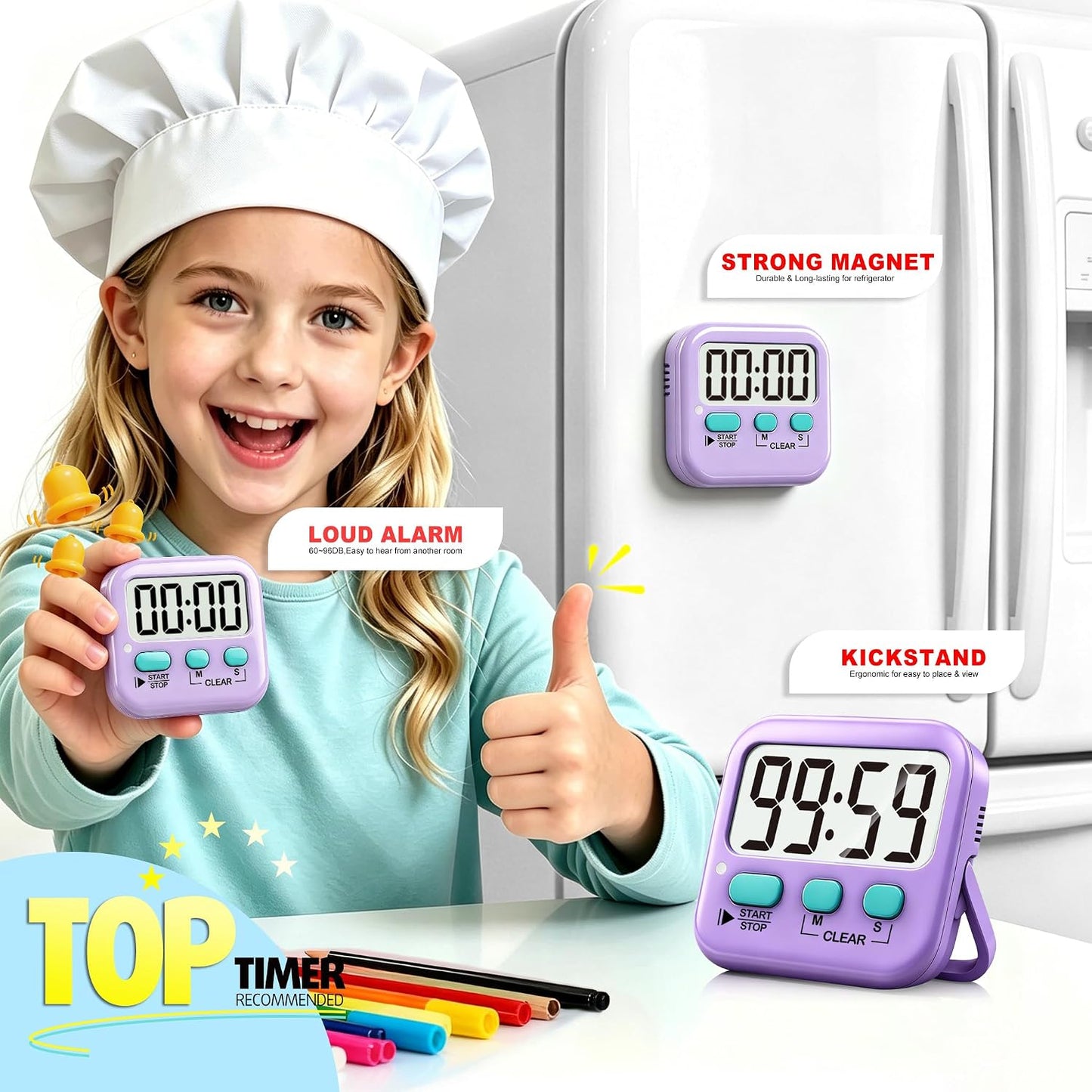 Antonki 2 Pack Digital Timer for Kids, Magnetic Countdown Kitchen Timers for Cooking, Egg, Classroom, Teacher, Exercise, Study, Oven - Battery Included