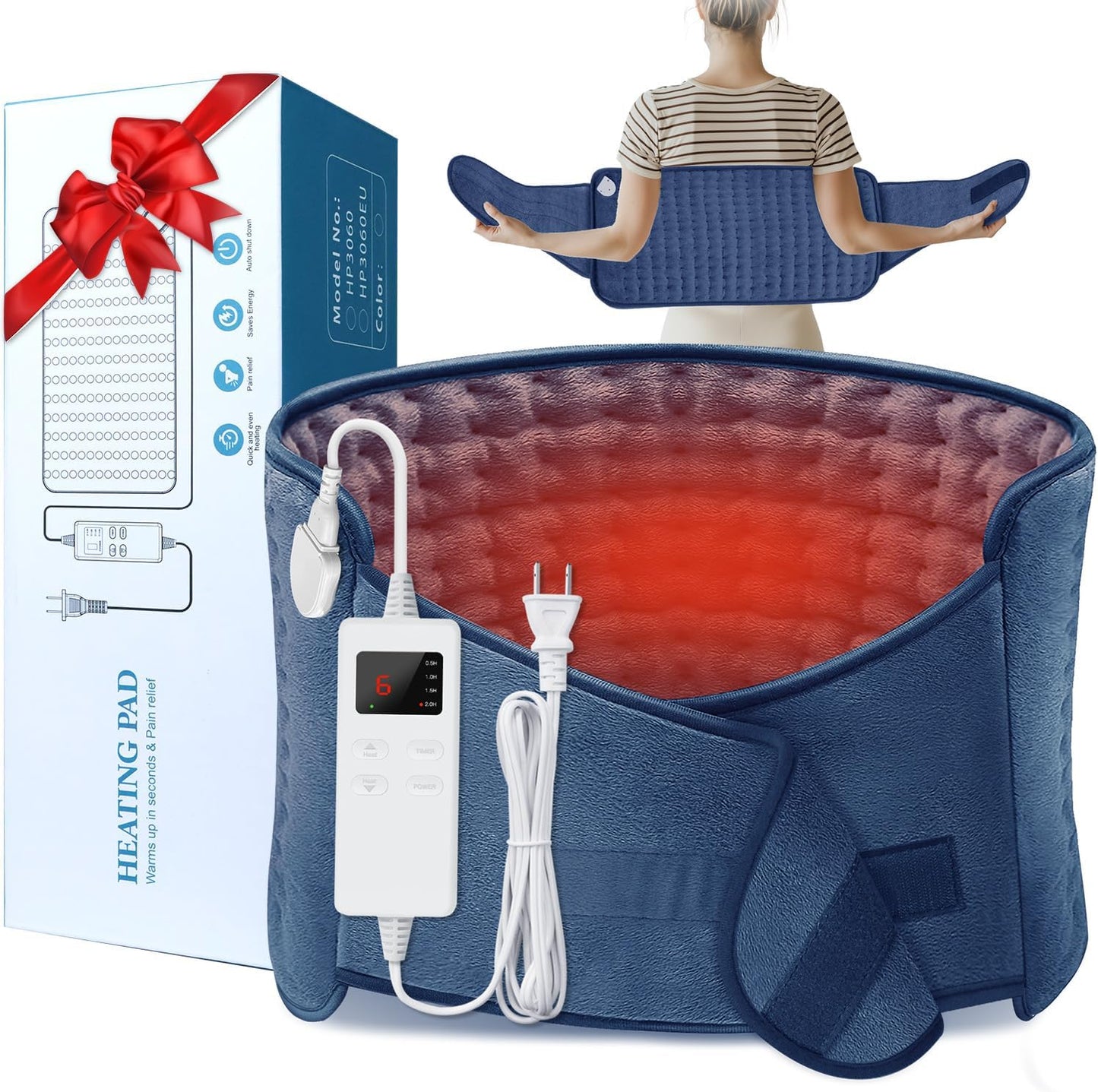 IGXHAVIZ Heating Pad for Back Pain Relief, Electric Heating Pad for Period Cramps Neck Shoulders with Belt, 4 Timer 6 Heat Setting & Auto Shut Off, 12"x24"+20" Large Moist Heat Pad for Mom,Dad