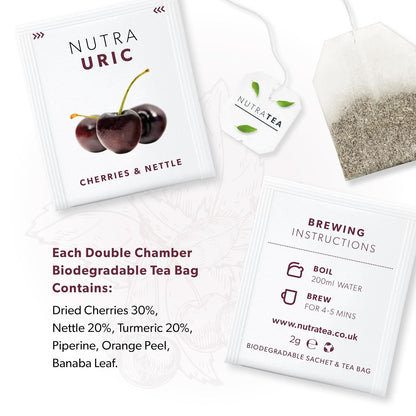 Nutra Tea NUTRAURIC - Uric Acid Cleanse and Kidney Support – Kidney Cleanse Tea – Includes Cherry, Nettle & Turmeric - 20 Enveloped Tea Bags - Herbal Tea