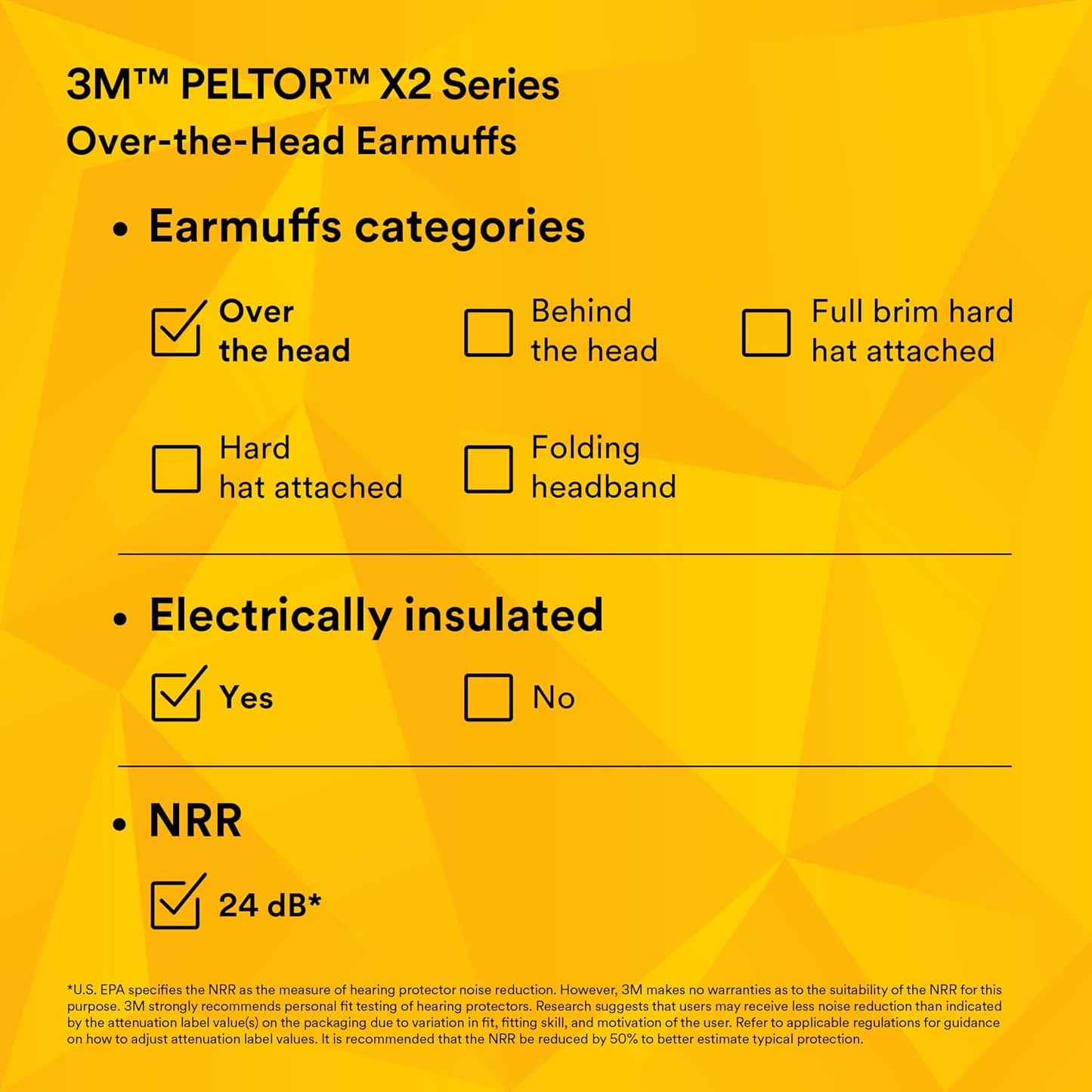 3M PELTOR Hearing Protection Earmuffs, X Series X2A, Over the Head Headband, NRR 24 dB, Pack of 1, Construction, Manufacturing, Maintenance, Automotive, Woodworking, Black/Yellow