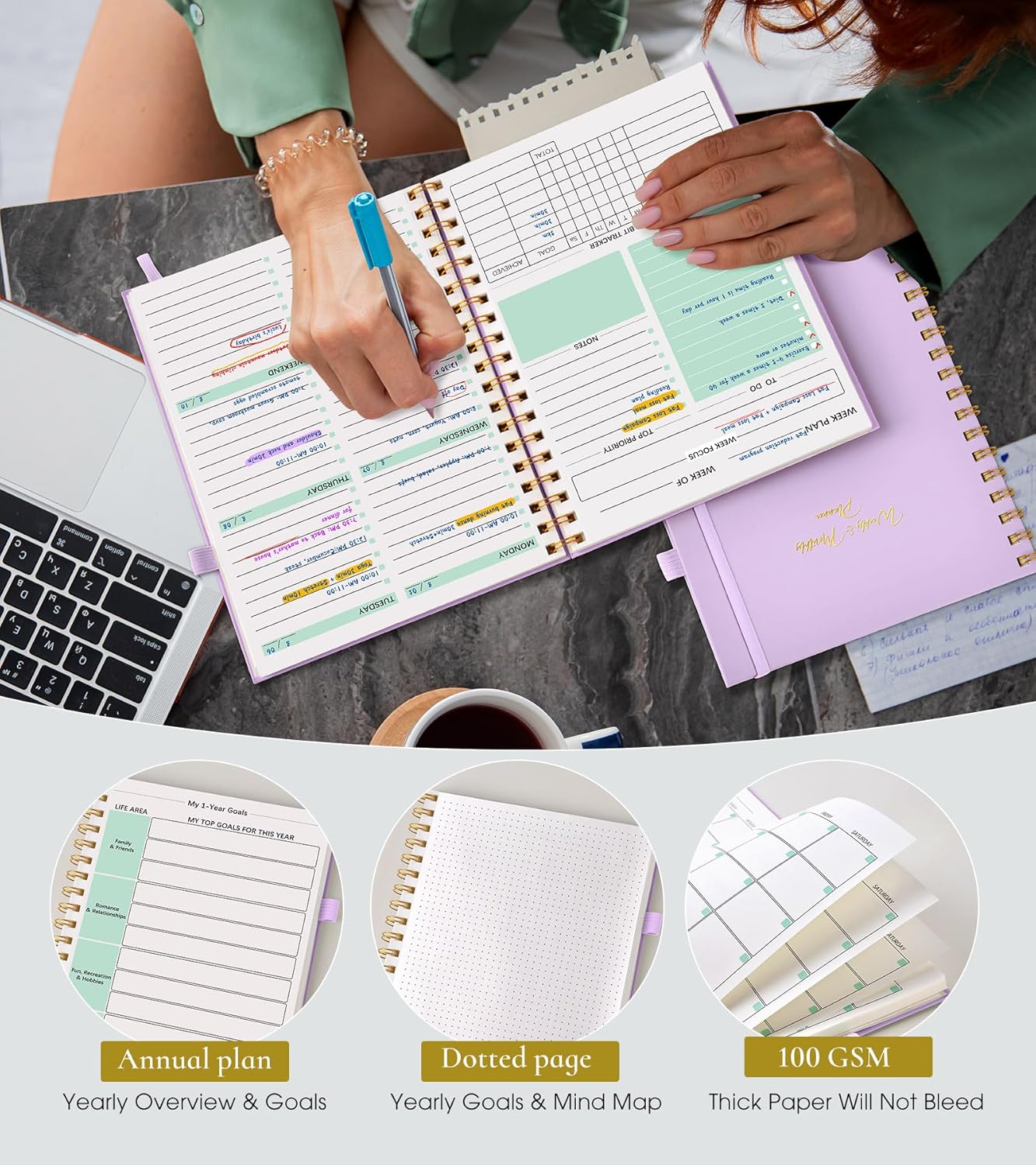 Undated Weekly and Monthly Planner, B5 Large Weekly To Do List Notebook with Goal & Habit Tracker Organizer, Hardcover Spiral Bound Blank Monthly Planner for Work School Home 7.4" x 9.64" Black