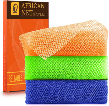 UJFQBH 3 Pieces African Bath Sponge African Net Long Net Bath Sponge Exfoliating Shower Body Scrubber Back Scrubber Skin Smoother,Great for Daily Use (Pink,Yellow,Purple)