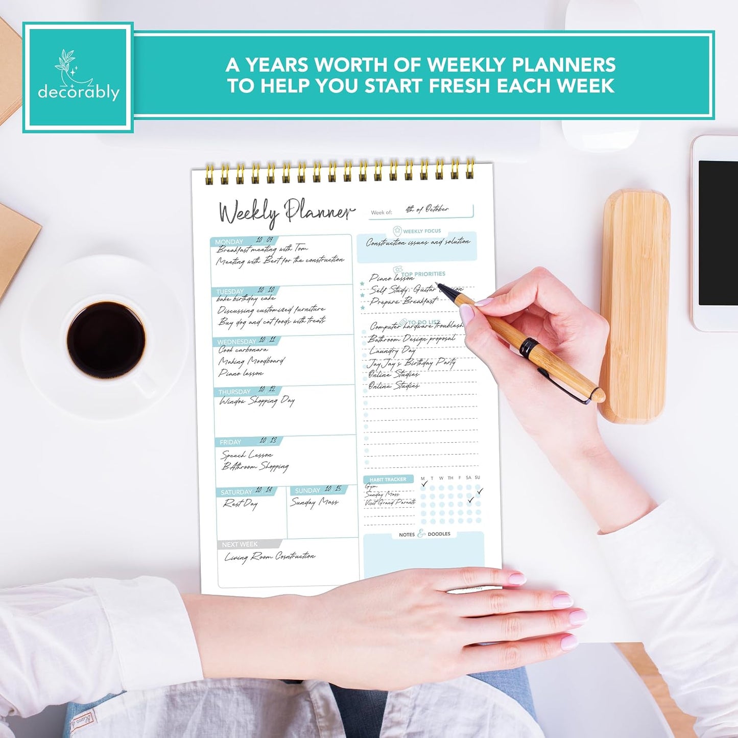 Decorably 52 Sheets Blue Undated Weekly Planner Notepad - 6.5x10in Spring-Bound, Easy Tear-Off Design, with Focus, Priorities, to-do List, Habit Tracker & Notes - Home, School, Office