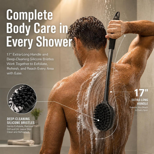 Back Scrubber for Shower, 15.7" Loofah with Handle, Back Shower Brush with Bristles and Loofah, Dry Brushing Body Brush for Cleanse Back and Hard to Reach Areas with Curved Long Handle