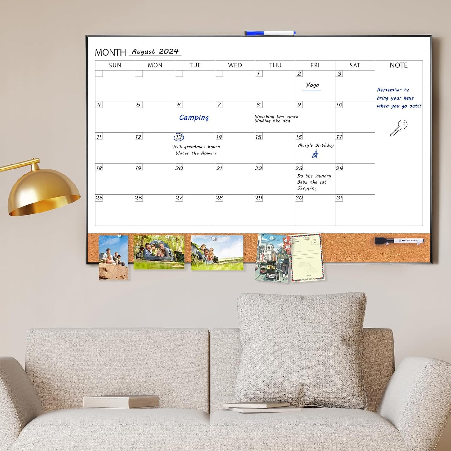 ARCOBIS Dry Erase Calendar with Cork Board for Wall, 24"x 18" Magnetic Calendar Whiteboard with Black Frame, Monthly Combination Board for School, Home, Office