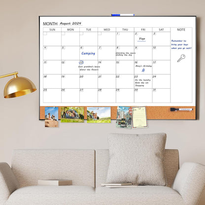 ARCOBIS Dry Erase Calendar with Cork Board for Wall, 24"x 18" Magnetic Calendar Whiteboard with Black Frame, Monthly Combination Board for School, Home, Office