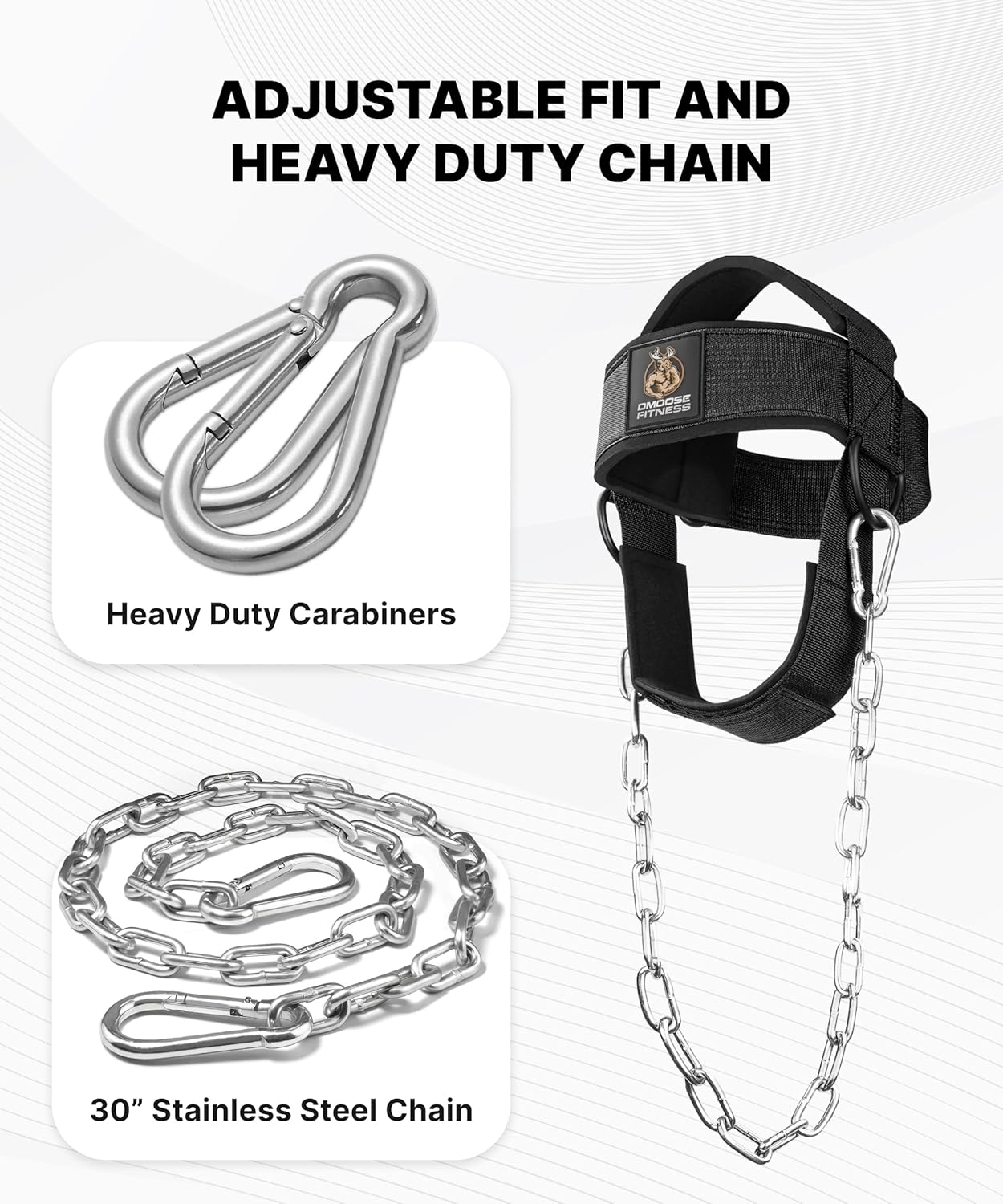 DMoose Fitness Neck Harness for Weight Lifting - Soft Padded Head & Chin Strap with 30" Heavy Duty Steel Chain - Neck Exerciser, Trainer & Strengthener to Support Injury Recovery and Intense Workouts