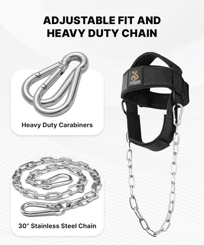 DMoose Fitness Neck Harness for Weight Lifting - Soft Padded Head & Chin Strap with 30" Heavy Duty Steel Chain - Neck Exerciser, Trainer & Strengthener to Support Injury Recovery and Intense Workouts