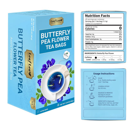 LeafLea Butterfly Pea Tea Bags, 100% Butterfly Pea Flowers, 80 Count