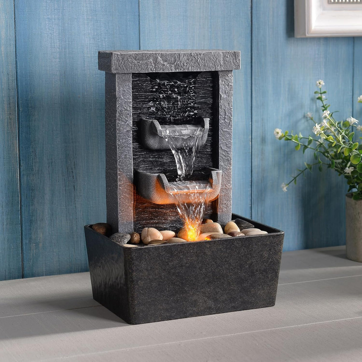 GOSSI Indoor Waterfall Fountain, 10.3" Tabletop Water Fountain with LED Lights & River Rocks, Relaxing Home Office Decor
