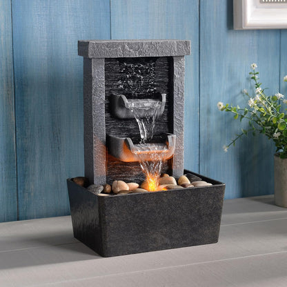 GOSSI Indoor Waterfall Fountain, 10.3" Tabletop Water Fountain with LED Lights & River Rocks, Relaxing Home Office Decor