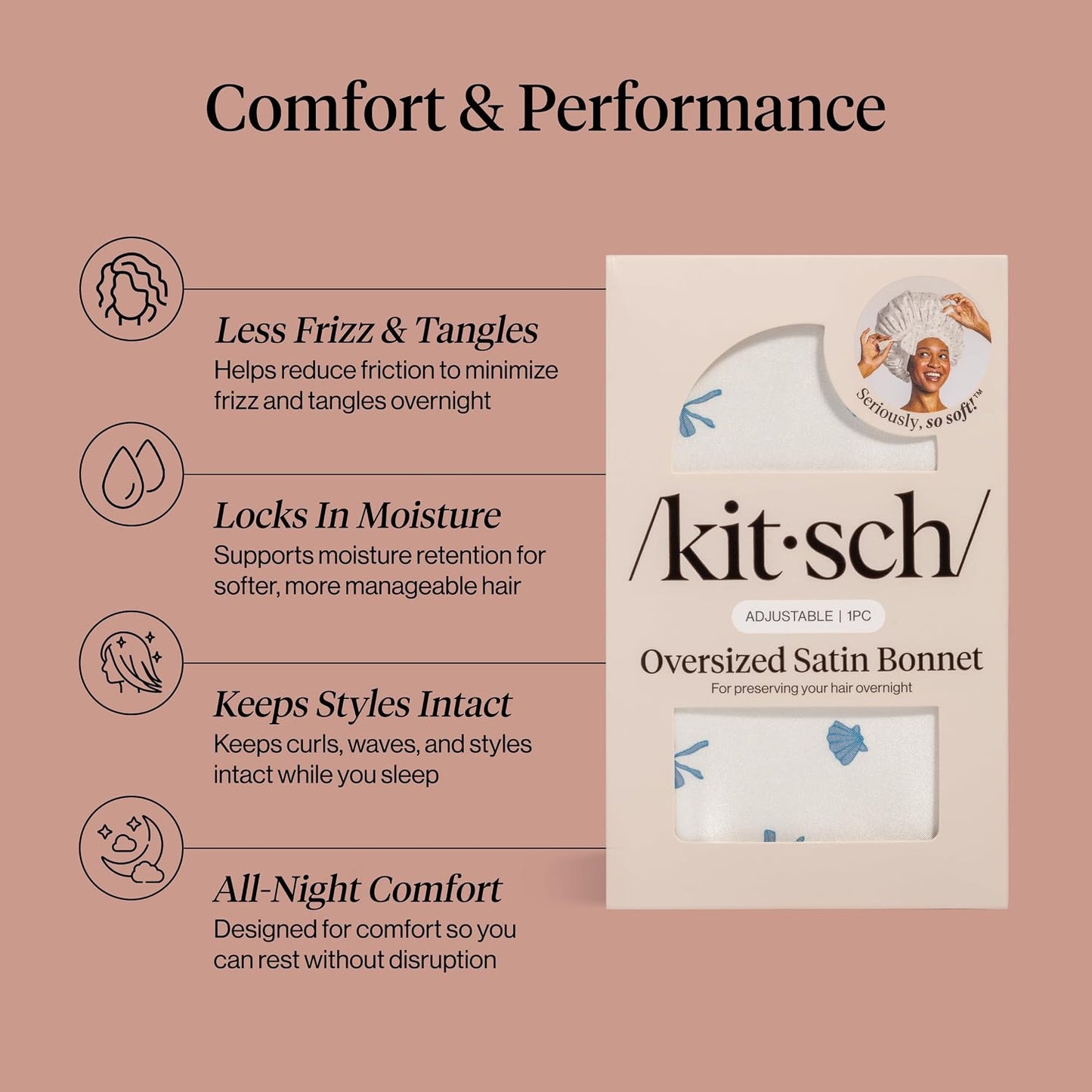 Kitsch XL Satin Bonnet for Sleeping - Softer Than Silk Bonnet For Sleeping Women - Secure Fit, Adjustable, Night Cap For Curly & Textured Hair - Prevents Breakage, Tangles & Thinning - Blush
