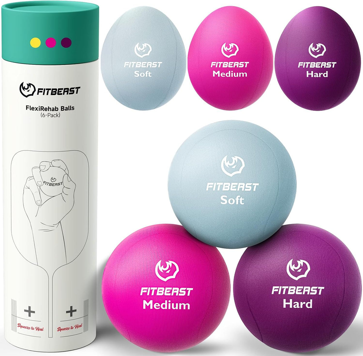 FitBeast Stress Balls for Adults, 6-Pack Hand Therapy Balls, Soft, Medium, Hard Tri-Density, Green, Orange, Blue