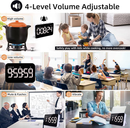 Rechargeable Digital Kitchen Timer for Cooking, Magnetic Timers with Countdown/up, Kids Timer with 5”LED Display 3 Brightness 4 Volume Adjustable for Classroom/Office/Home/Work/Fitness/Game（Blue）