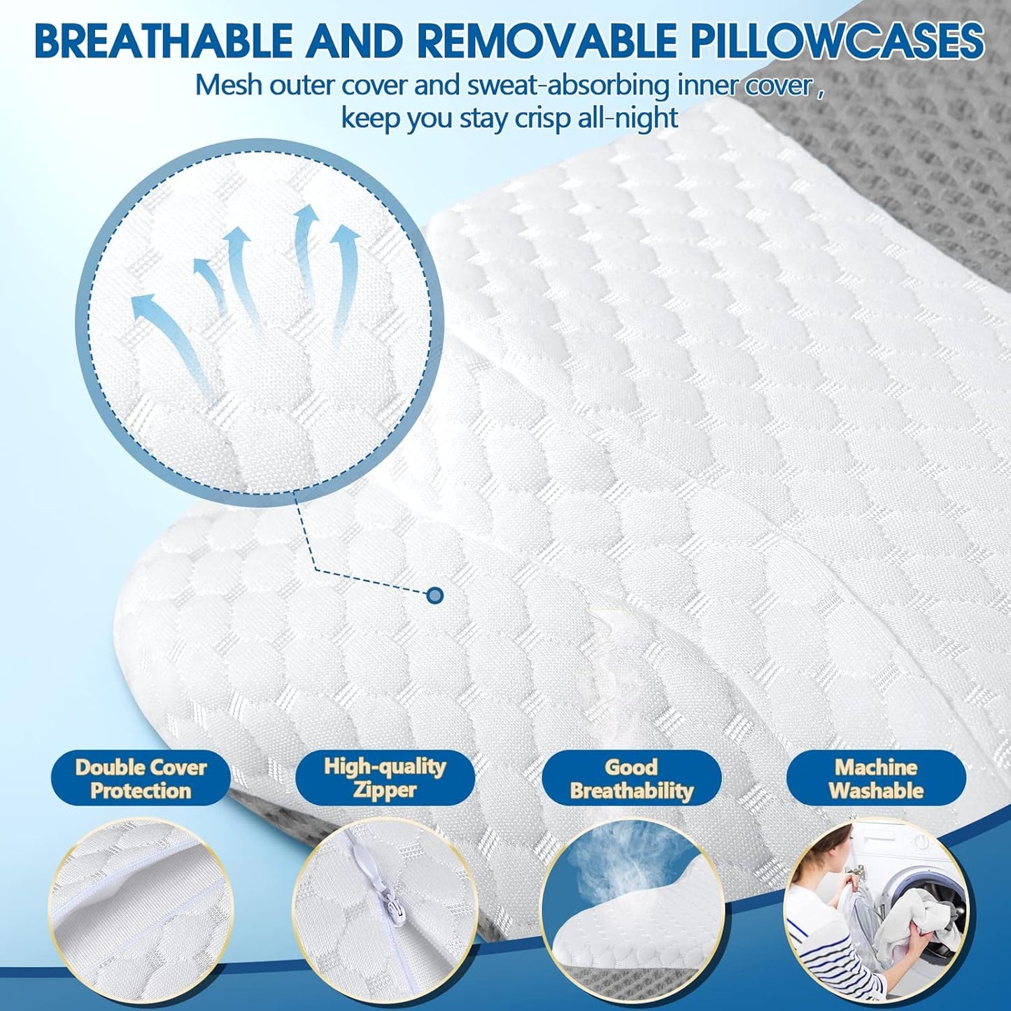 CHxxy Cervical Neck Pillow for Pain Relief Sleeping, Memory Foam Pillows, Ergonomic Side Sleeper Pillows, Cooling Orthopedic Neck Support Pillow for Back Stomach Sleepers-Queen Size Grey&Grey