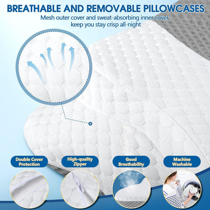 CHxxy Cervical Neck Pillow for Pain Relief Sleeping, Memory Foam Pillows, Ergonomic Side Sleeper Pillows, Cooling Orthopedic Neck Support Pillow for Back Stomach Sleepers-Queen Size Grey&Grey