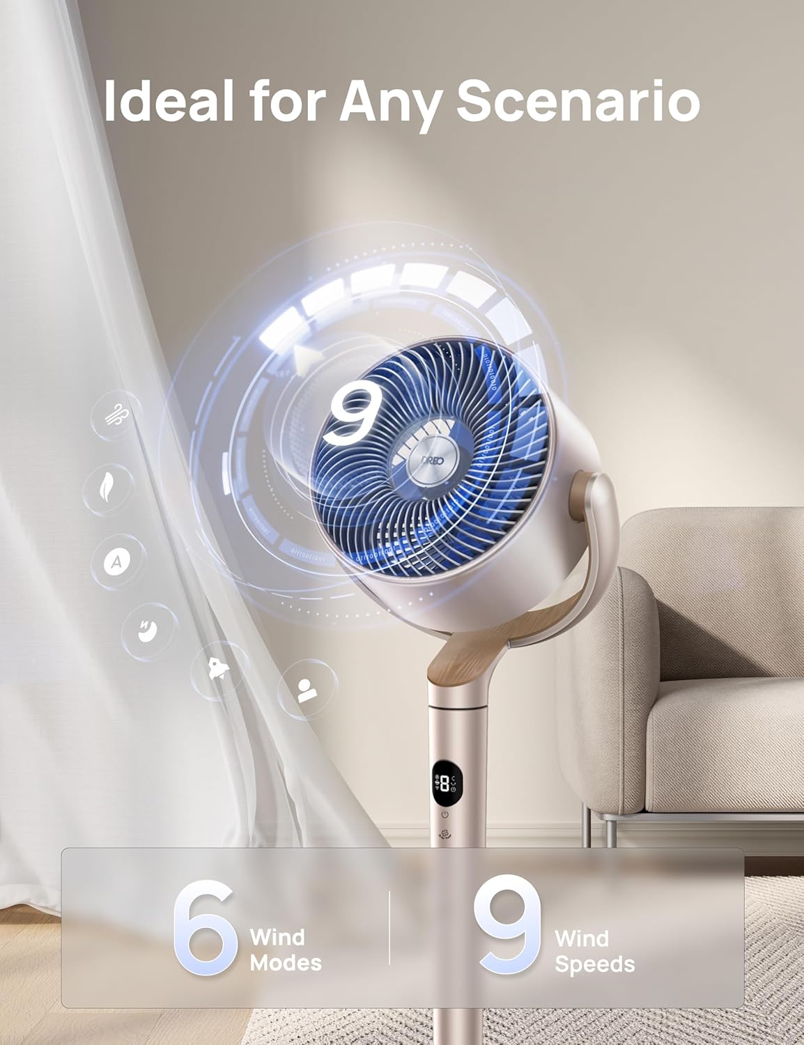 DREO Smart Fan for Bedroom, 120° +120° Omni-Directional Oscillating Fans, 100ft Quiet Pedestal Fan with RGB Light, 9 Speeds, 6 Modes, 20dB, 8H Timer, Wi-Fi/Voice/Alexa, 35-40" Floor Fans with Remote