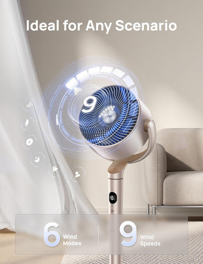 DREO Smart Fan for Bedroom, 120° +120° Omni-Directional Oscillating Fans, 100ft Quiet Pedestal Fan with RGB Light, 9 Speeds, 6 Modes, 20dB, 8H Timer, Wi-Fi/Voice/Alexa, 35-40" Floor Fans with Remote