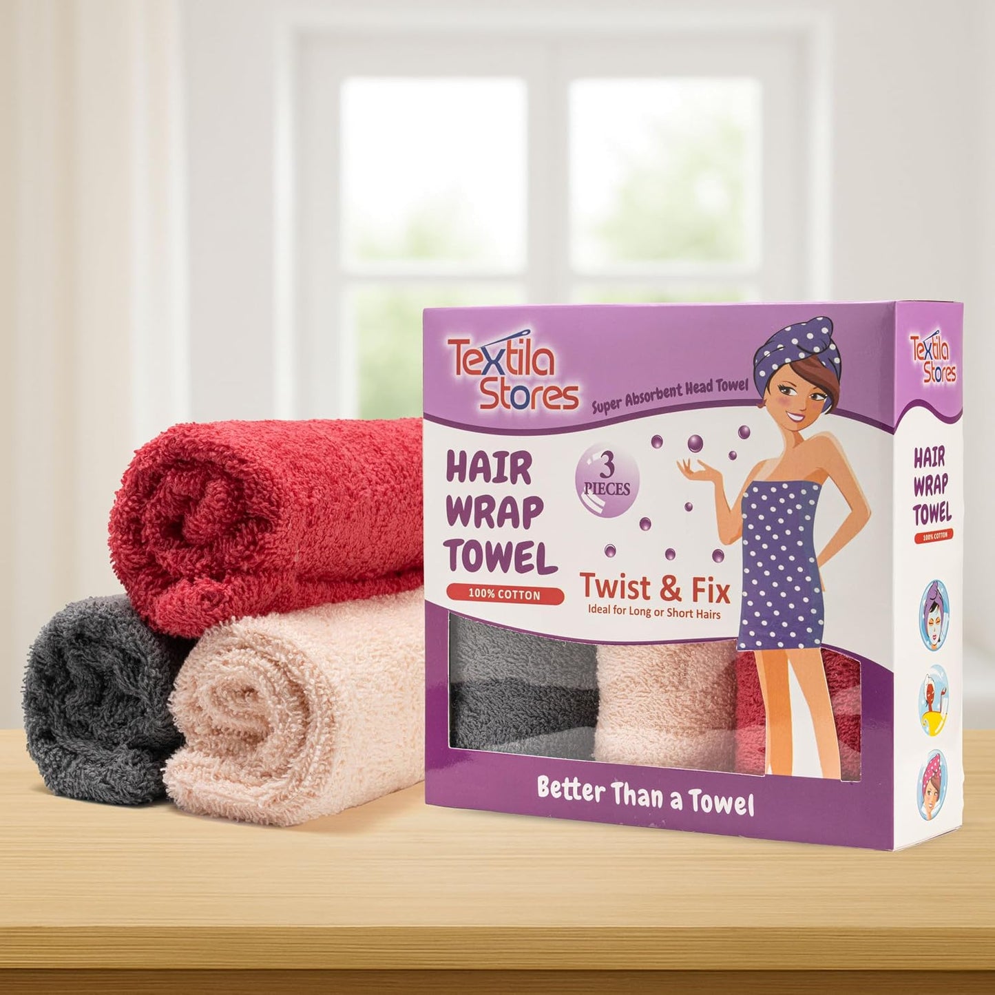 Textila 100% Cotton Hair Wrap Towels for Women (Pack of 2, Raspberry & Green) – Soft & Absorbent Turban Towels for Long, Curly, Frizz-Prone Hair