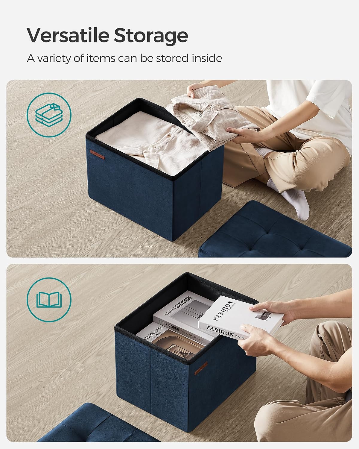 SONGMICS Small Folding Storage Ottoman, Foot Rest Stool, Cube Footrest, Synthetic Leather, 12.2 x 16.1 x 12.2 Inches, 286 lb Capacity, for Living Room, Bedroom, Dorm, Ink Black ULSF100B01