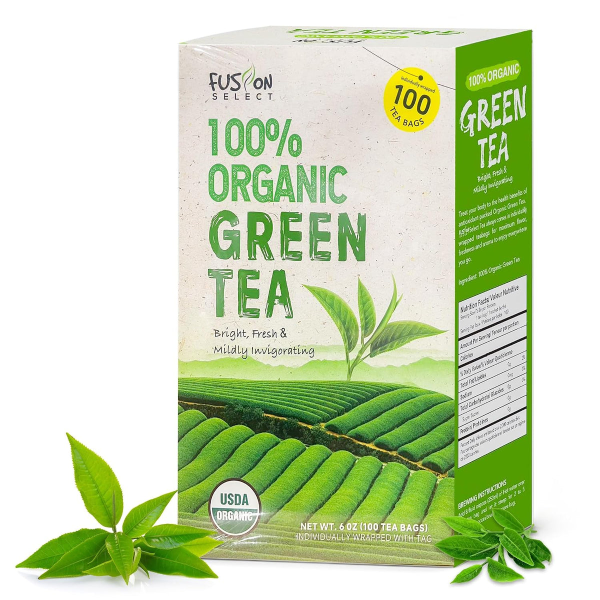 Fusion Select Organic Green Tea - Fresh Drink with Mild & Bright Flavor - Easy to Brew - Relaxing Tea Beverages with Antioxidant Support - 100 Individual Tea Bags per Box