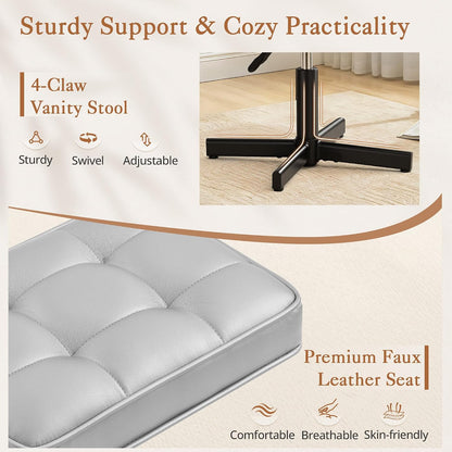 LUE BONA Adjustable Vanity Stool, Foot Rest Under Desk, 360° Swivel Vanity Chair for Makeup Room, Black Upholstered Faux Leather Ottoman for Bathroom & Living Room, 300lbs