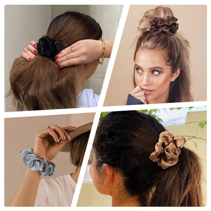 16 Pcs Scrunchies for Women - Black Satin Silk Scrunchies for Girls Hair Ties Elastics Bands Ponytail Holder Hair Accessories