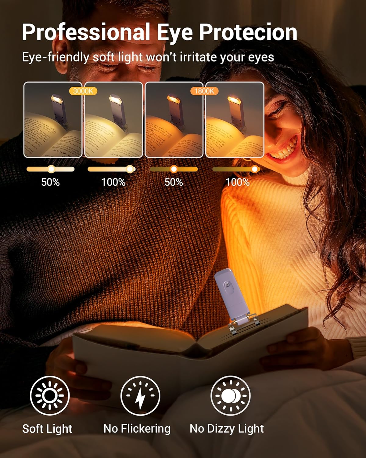 DEWENWILS Book Reading Light, USB Rechargeable Booklight for Reading at Night, LED Clip On Book Lights for Kids, Bookworms, Blue Light Blocking, Amber + Warm White (Green)