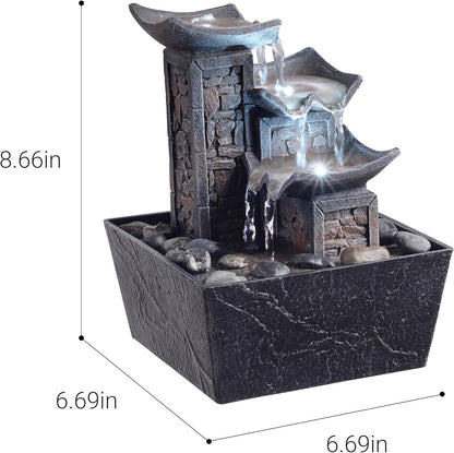 Tabletop Indoor Water Fountain – 3-Tier Rock Waterfall Fountain with Warm LED Light and DIY Planting Pot – Relaxing Small Water Feature for Desk or Home Decor (23061)