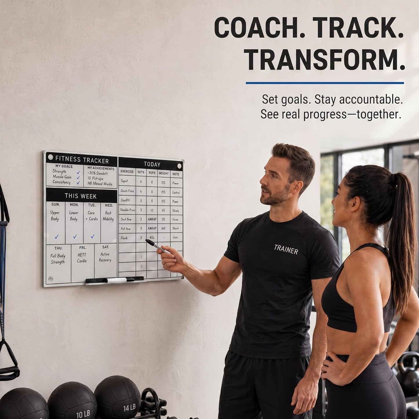 Lincia 24 x 18 Inch Glass Workout Whiteboard for Home Gym, Dry Erase Fitness Planner Board, Weekly Exercise Tracker and Goal Chart, Frameless Wall Mounted Gym Whiteboard with Markers, Eraser and Tray