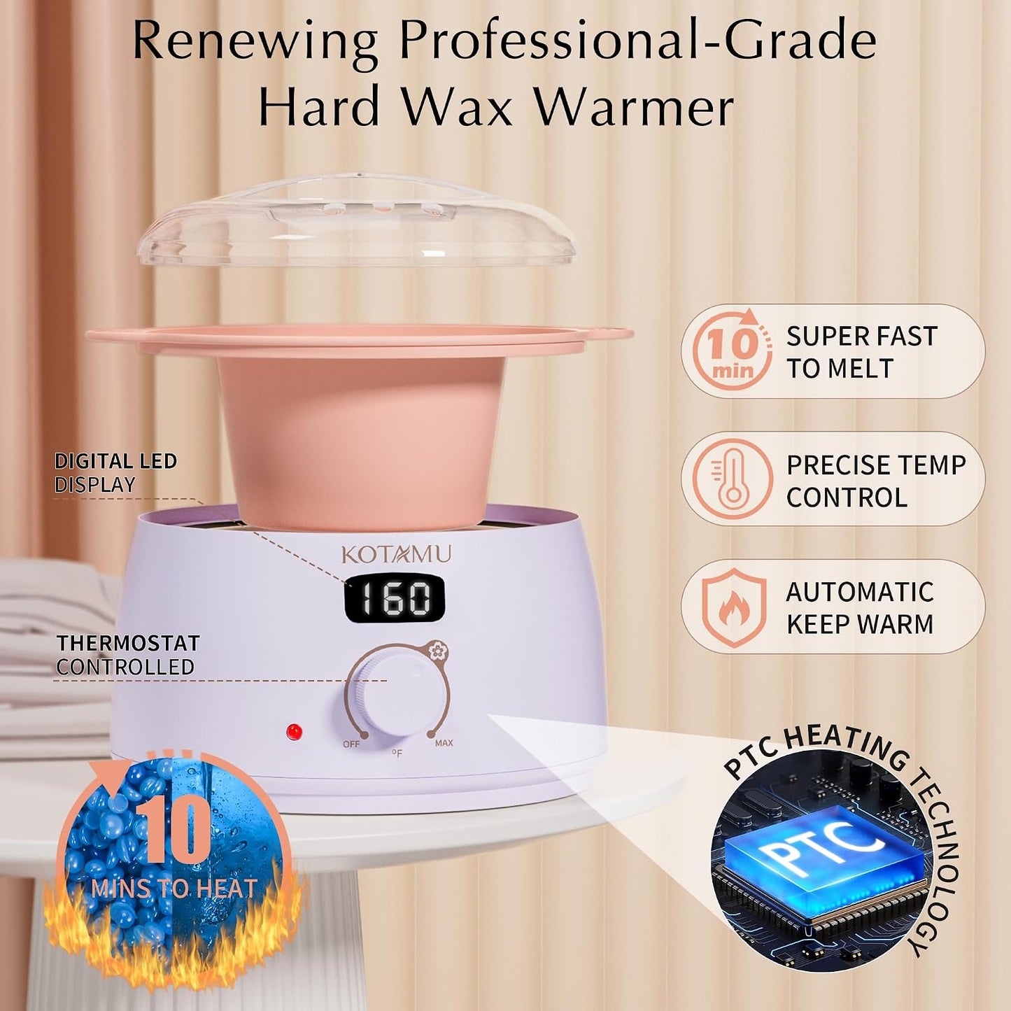 KOTAMU Waxing Kit for Women & Men, Pink Digital Wax Pot Warmer Hair Removal | Home Hard Wax Kit, Wax Machine, Face, Eyebrow, Bikini, Brazilian, Body, Sensitive Skin, 25 Accessories, Beginner-Friendly