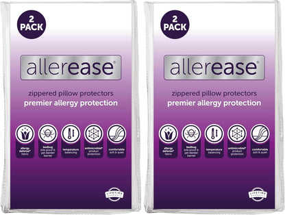 Set of 2 Standard/Queen AllerEase Pillow Protectors - Temperature Balancing, Allergist Recommended - Premium Breathable, Zippered Protectors