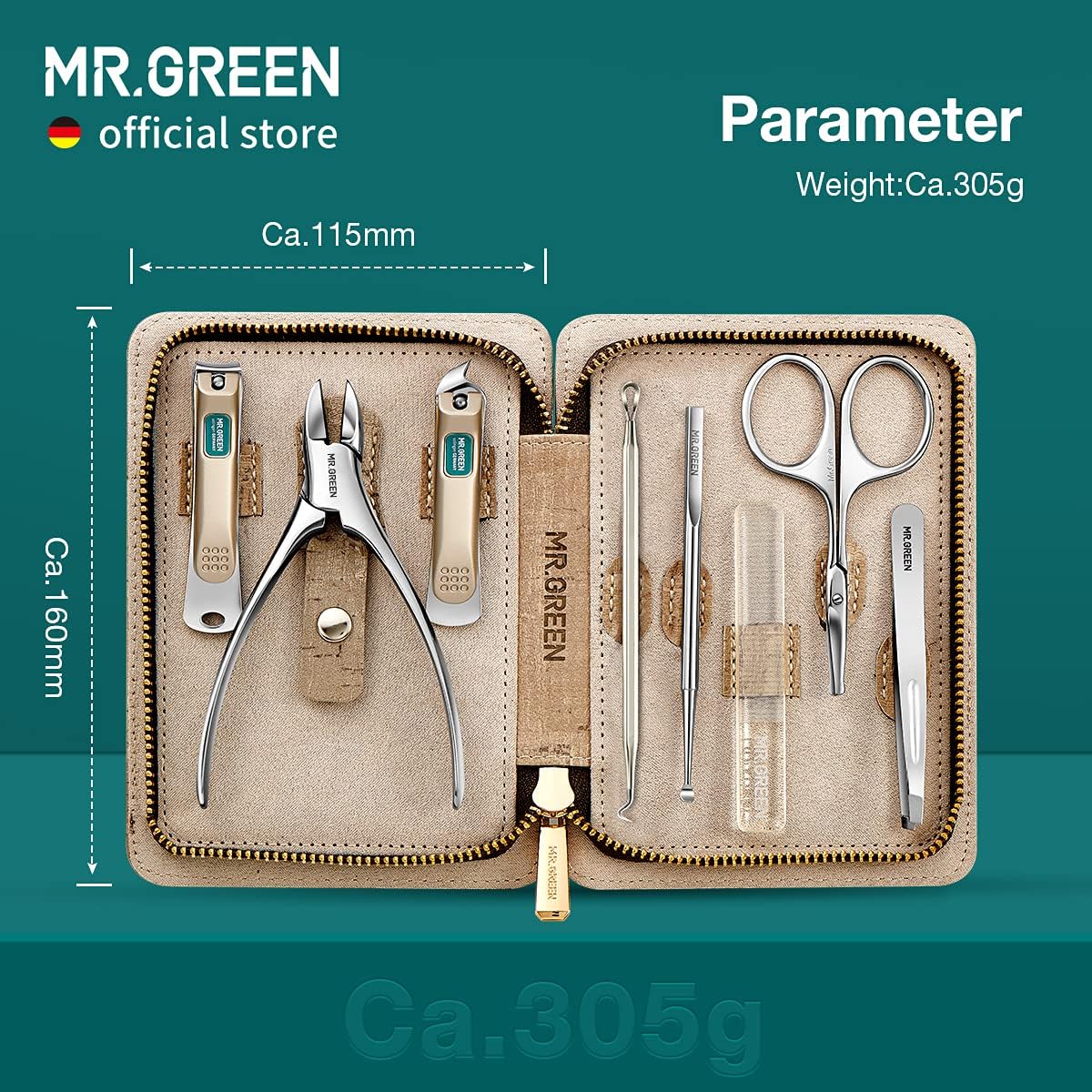 MR.GREEN Manicure Sets Pedicure Kits Stainless Steel Nail Clipper Personal Care Tools with PU Leather Case (Green)
