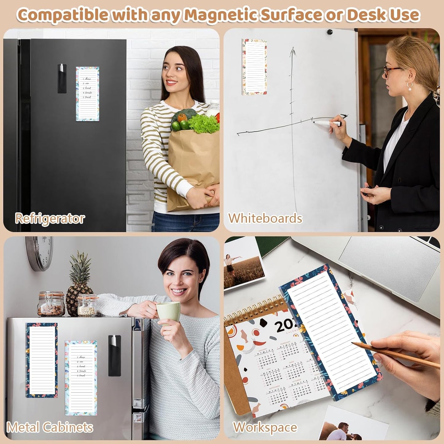 Thboxes 4 Pack Magnetic Note Pad for Fridge with Pen Holder, Totally 200 Sheets Grocery List Magnet Pad for Refrigerator Magnetic Shopping List Pad（Fruit Design）